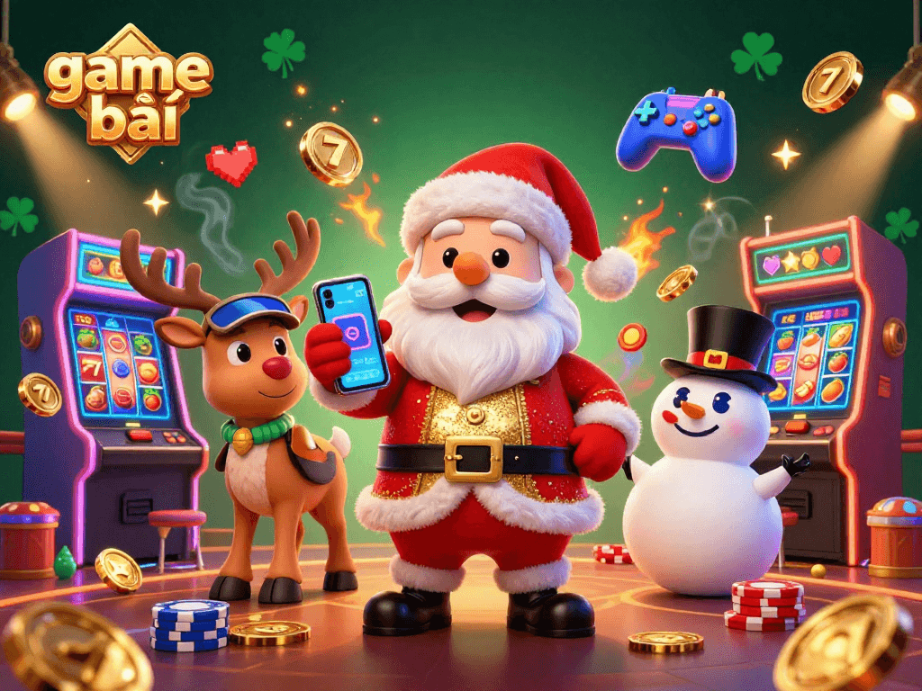 Engage with game bài as Santa Claus and friends celebrate jackpots in a colorful casino.
