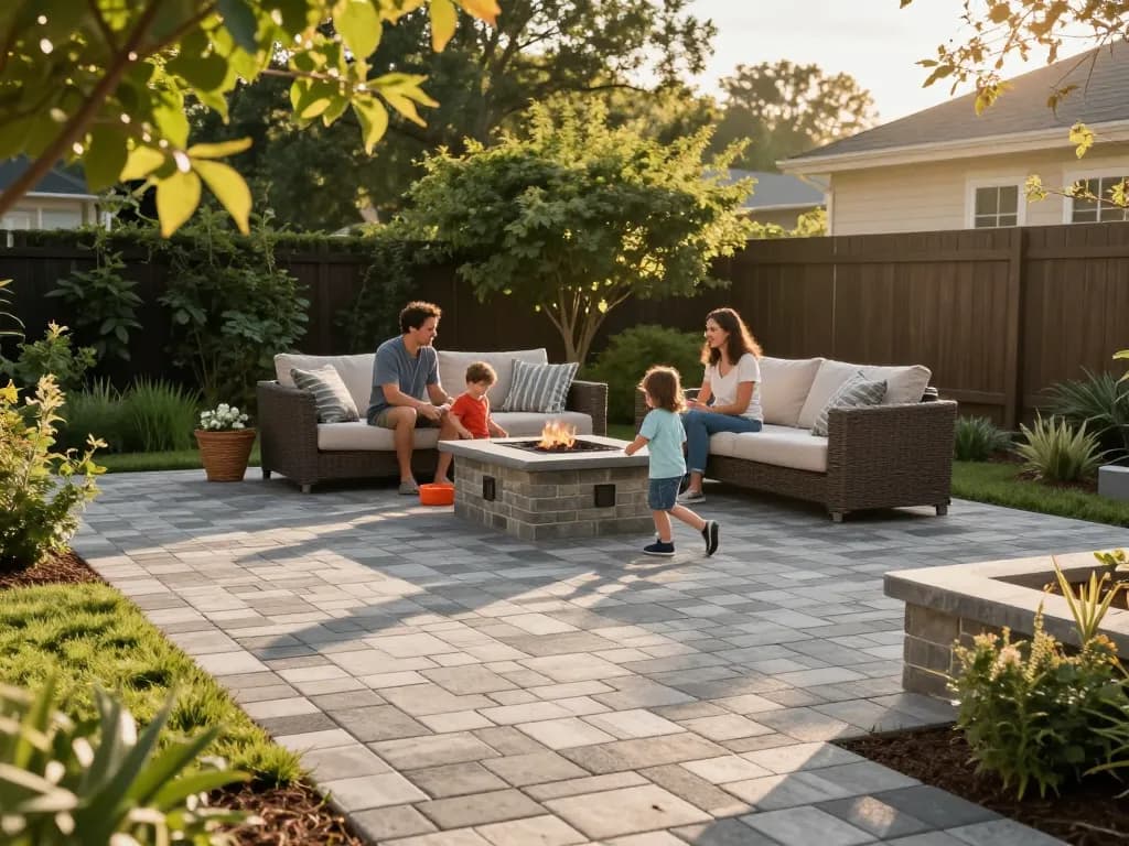 Family gathering on stylish paver patio; discover premium pavers near me.