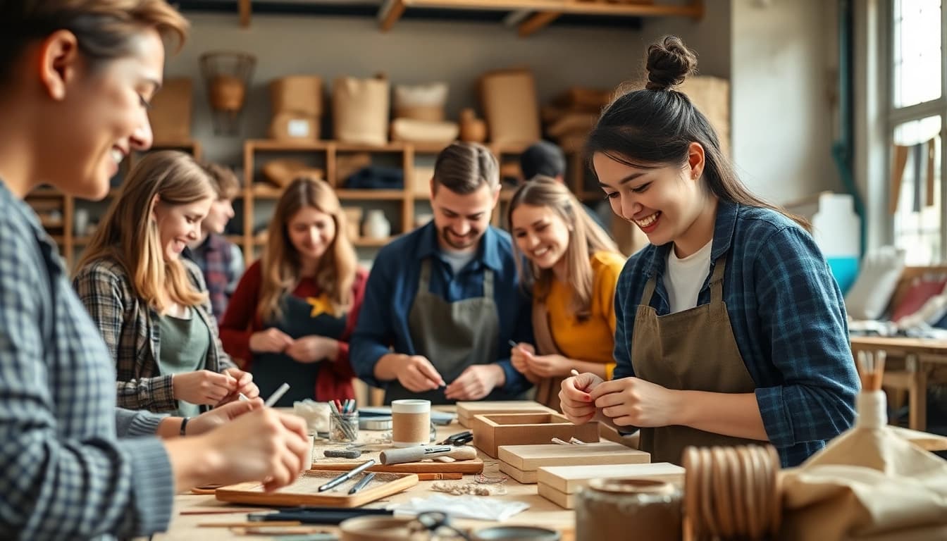 Engaged participants in a craft trainee program learning new skills in a workshop setting.