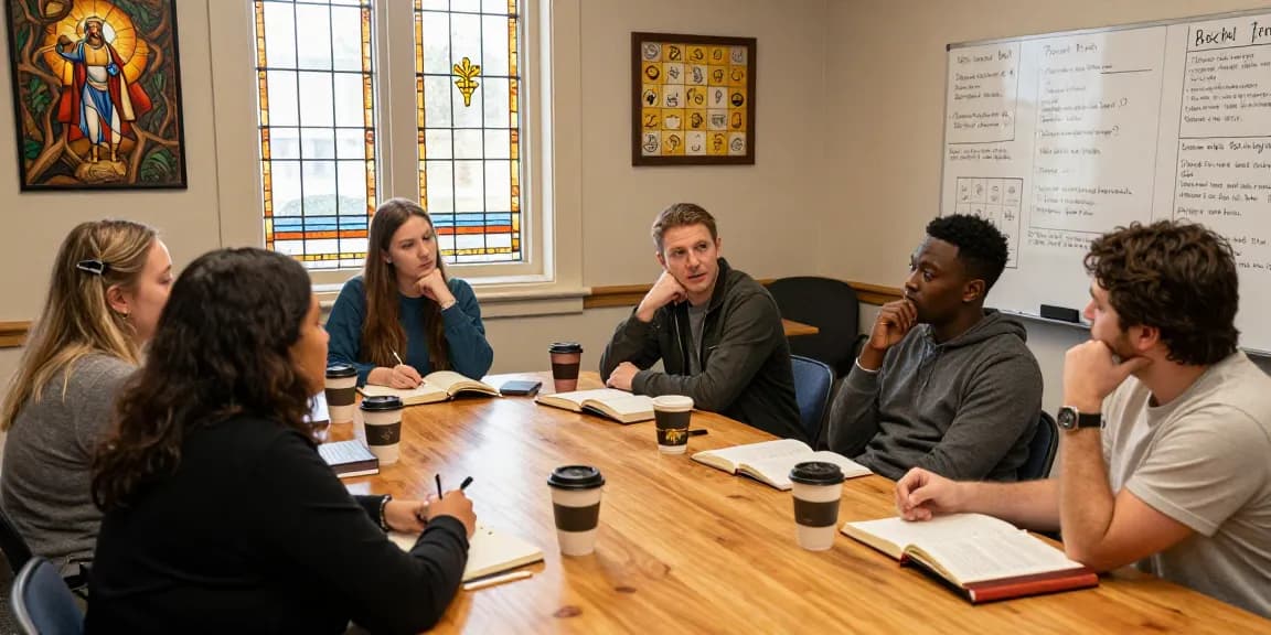 Group engaged in discussion about the Book of Revelation with Bibles and notebooks.
