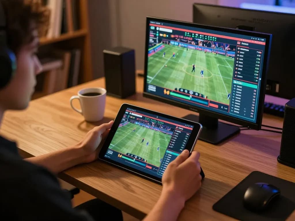 Player engaging in sports betting on mk 8 tablet with live odds display, warm inviting atmosphere