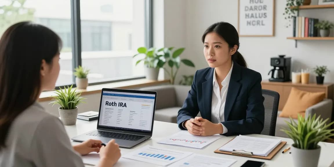 Financial advisor explaining Roth IRA options in a bright office.