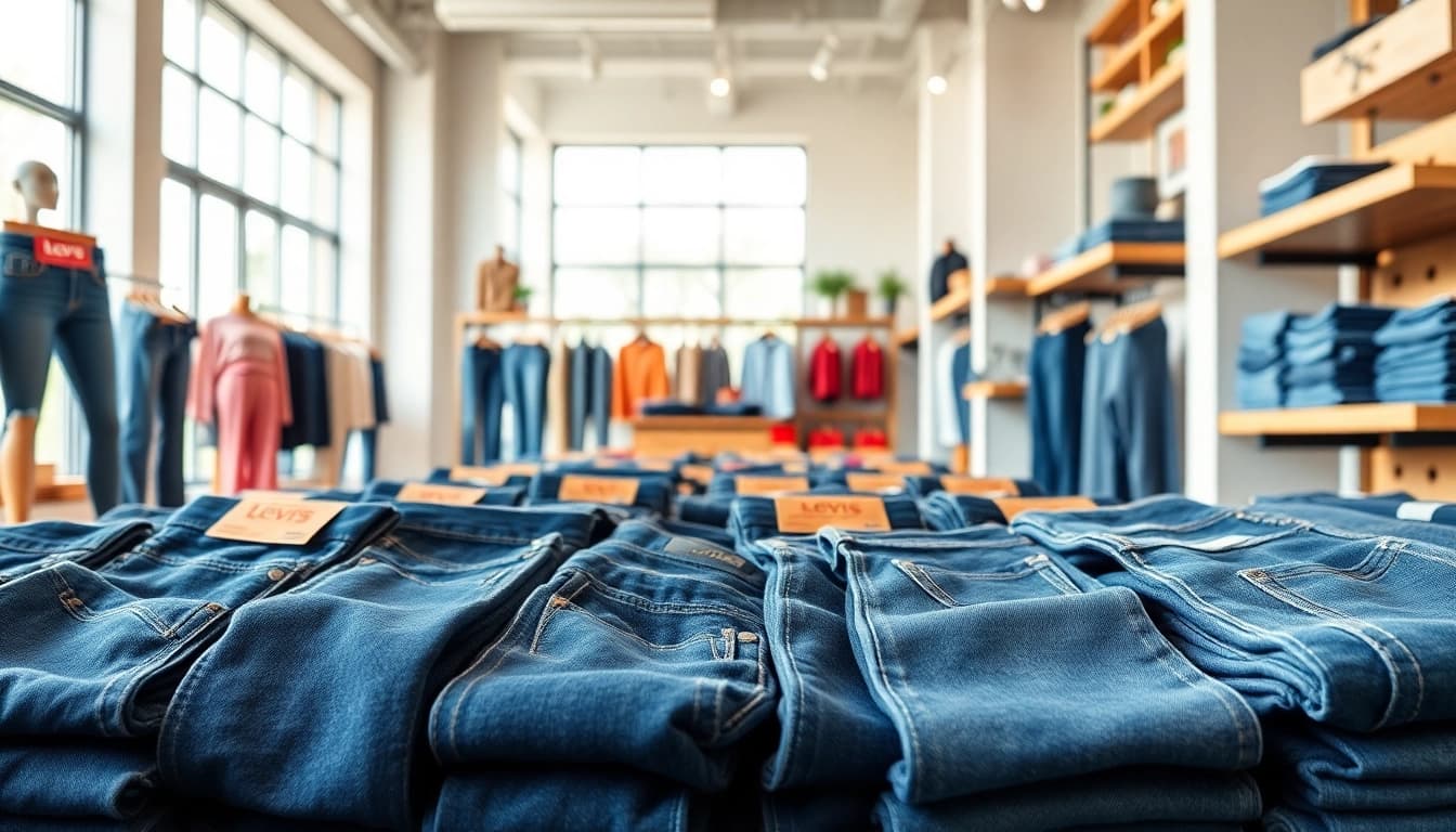 Showcase of Levi’s and American eagle jeans pallet in trendy retail display highlighting styles.