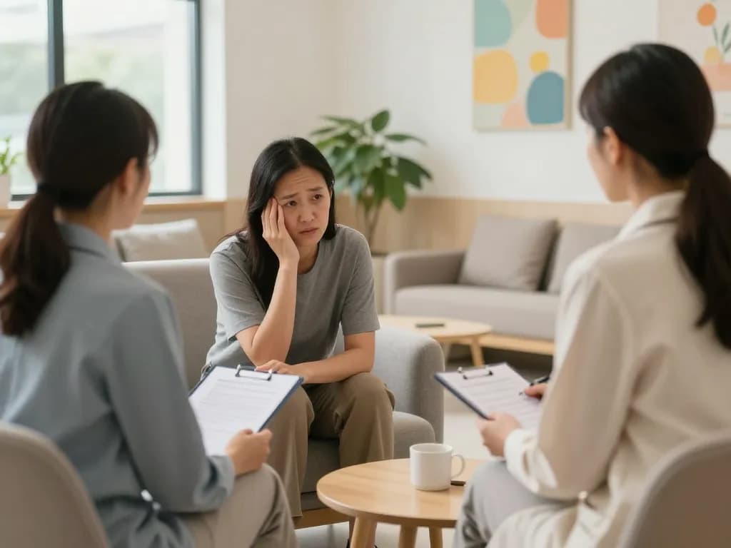 Patient discussing symptoms of 焦慮症 with a psychiatrist in a calming clinic.