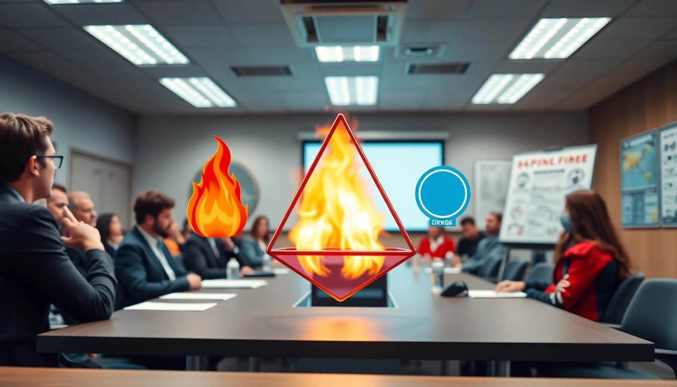 Understanding fire tetrahedron in a professional safety training setting with engaged participants.