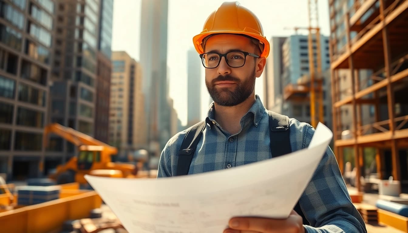 New York Construction Manager analyzing blueprints at a busy construction site.