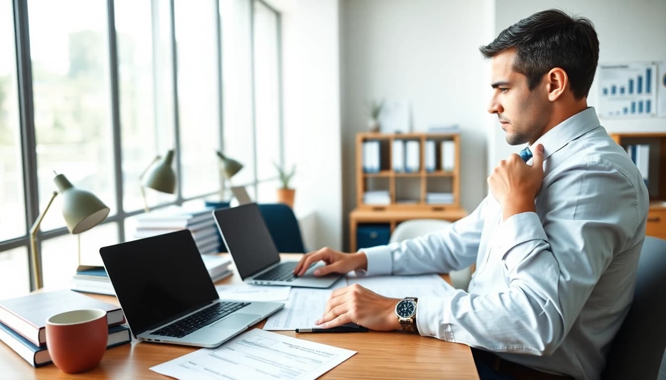 Tax preparer analyzing financial documents in a modern office setting.
