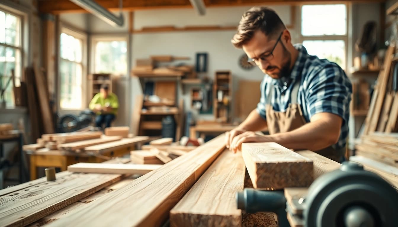 Engaging scene of a carpentry apprenticeship with a carpenter working on a wooden project in a bright workshop.