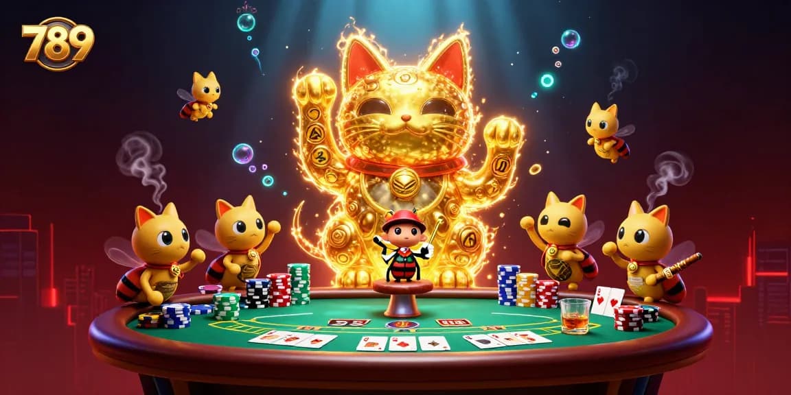 Engage with 789's vibrant casino world featuring the lucky cat and poker elements
