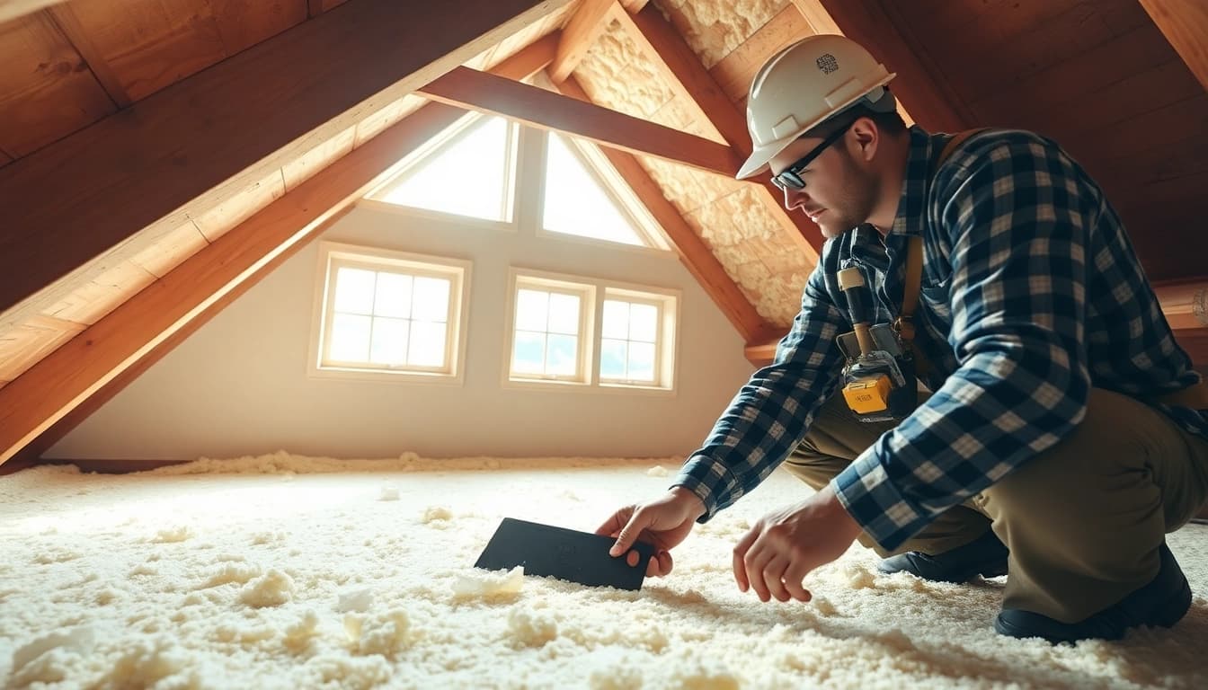Evaluate spray foam removal cost in an attic by a contractor, highlighting tools and safety equipment.
