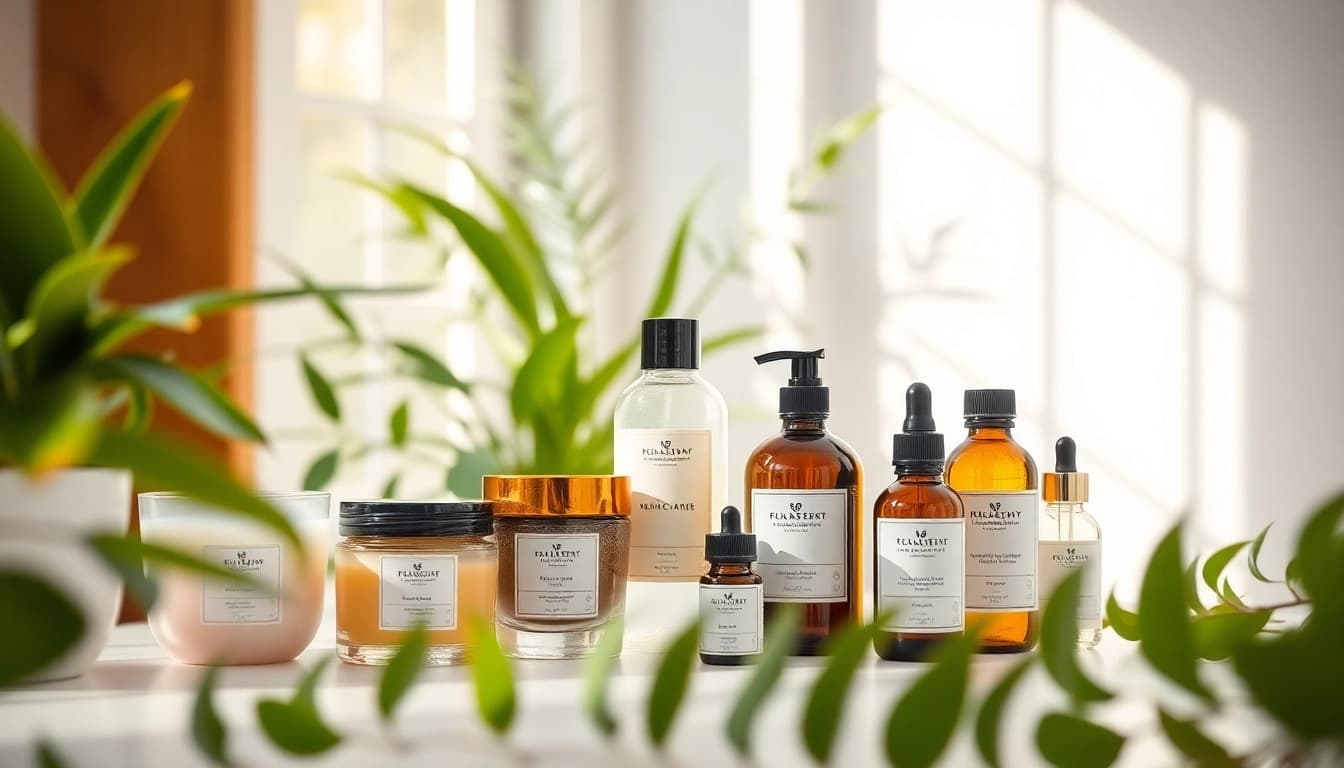 Showcasing AMC Essentials wellness products with a focus on natural textures and inviting arrangement.