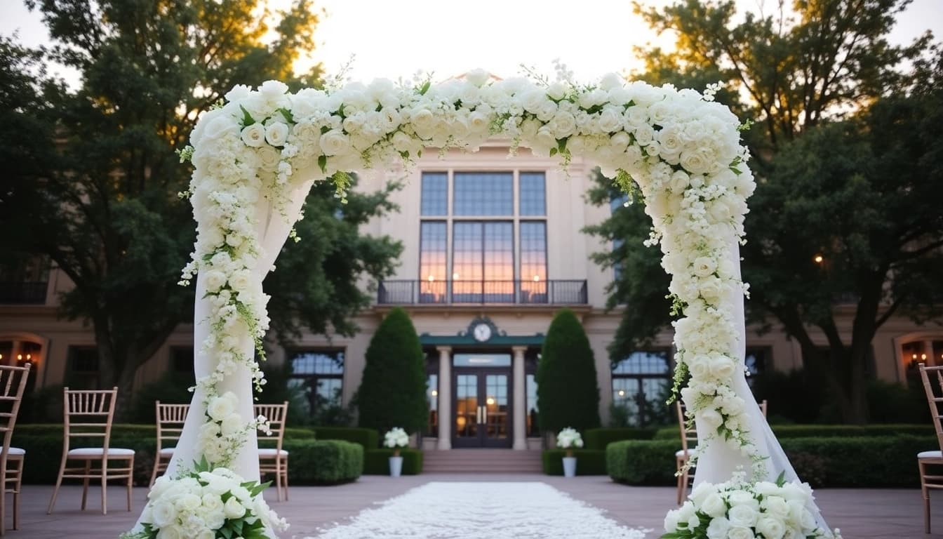 Gorgeous setup at the Best Wedding Venue Jacksonville with floral decorations and a stunning historic backdrop.