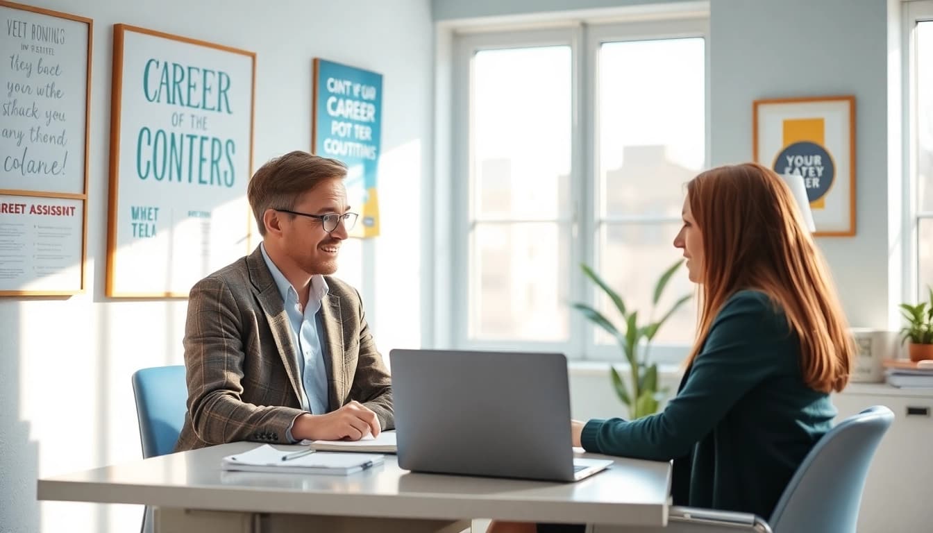 Engaging discussion about the ideal career in a bright office setting with a career counselor.