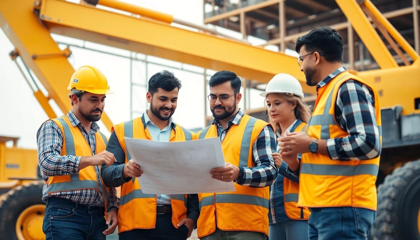Construction career professionals collaborating on-site amidst machinery and structures.