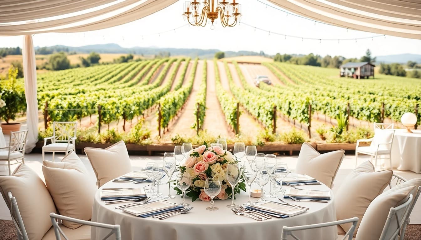 Stunning view of a wedding venue California with scenic vineyards and elegant décor.