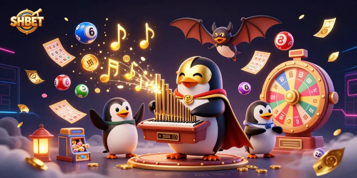 Experience SHBET's vibrant gaming universe with a penguin organist amidst colorful bingo balls and golden prizes.