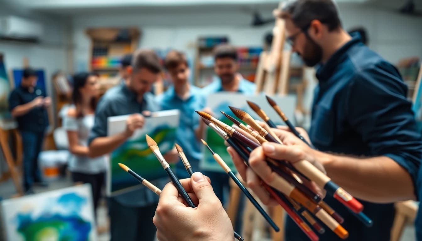 Apprentices engaged in a painting apprenticeship, mastering techniques in a vibrant workshop.