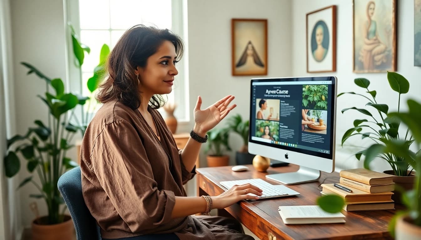 Engaging Ayurveda online courses taught by a professional in a calming, well-lit home office.