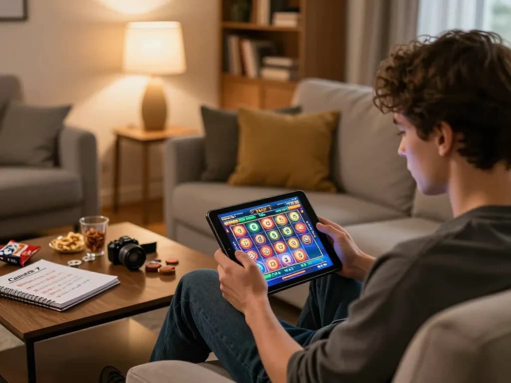 Player enjoying online gaming at home, using C168 casino app on tablet with betting strategies visible