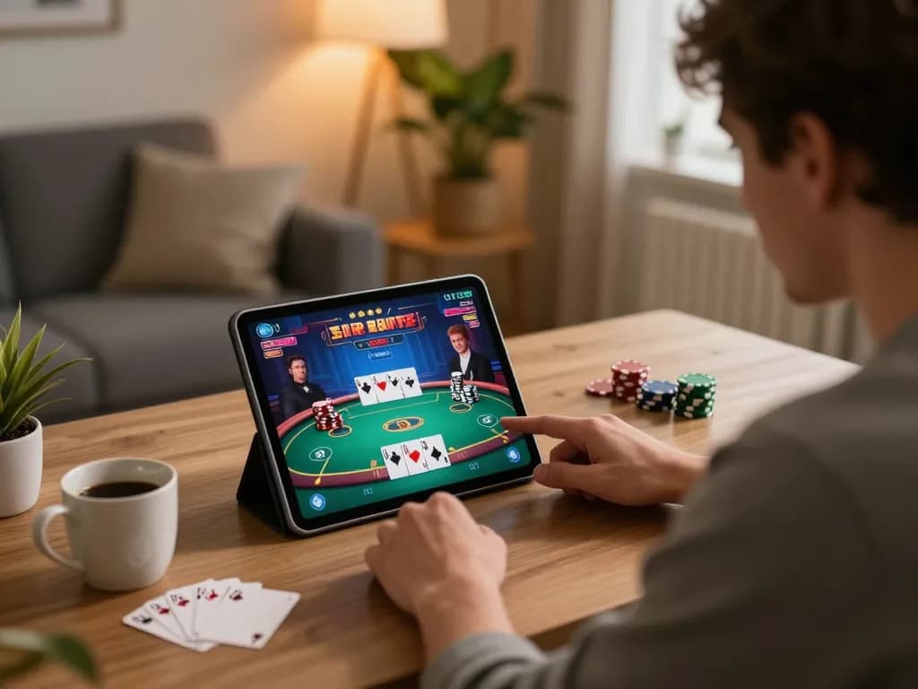 PH22 player engages in a strategic online poker game from home with tablet and notes