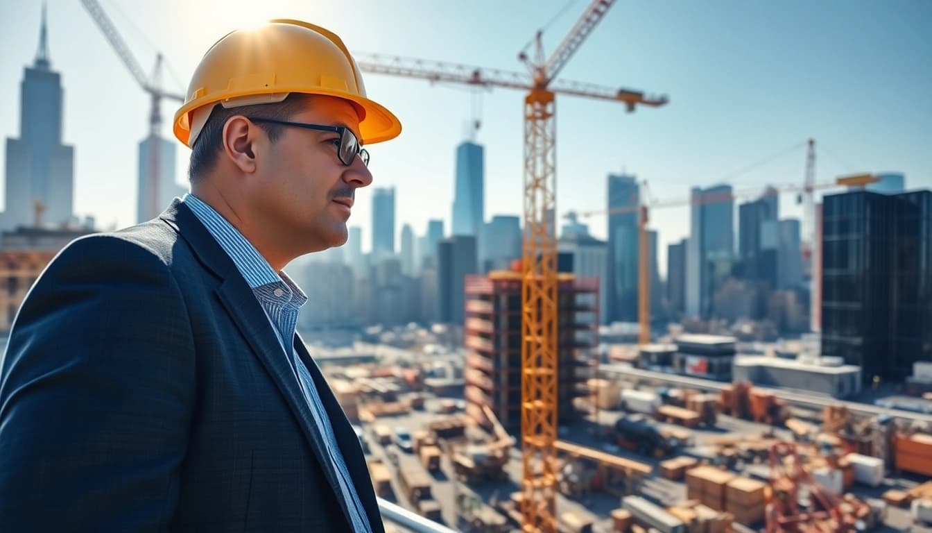 New York Construction Manager supervising a busy construction site in NYC.
