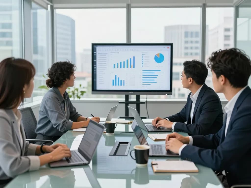 Business team collaborating at https://scionstaffing.com/ with laptops and city skyline view.