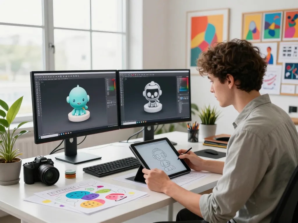 Artist generating 3D models from text in a vibrant design studio using advanced software and creative tools.