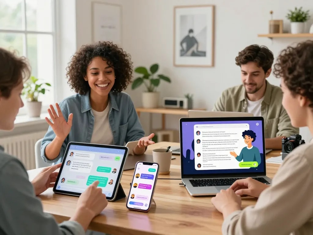 Users engaging with spicychat AI on multiple devices in a bright workspace.