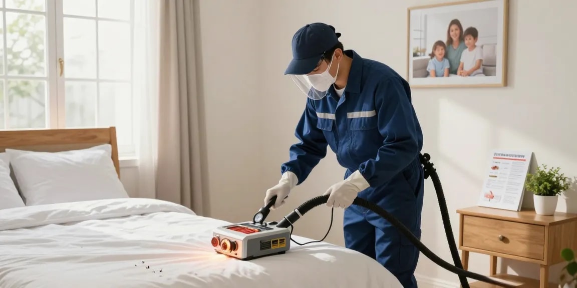 bed bug heat treatment in a cozy bedroom by a professional technician ensuring effective pest control