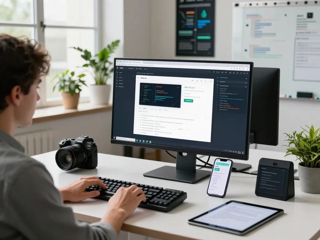 Secure rm1.to login page in a modern tech workspace with gadgets.