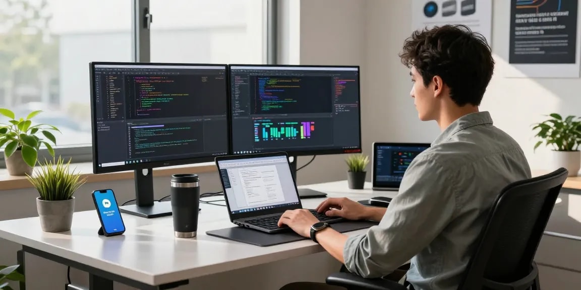 Developer working on a vps setup at a modern desk with dual monitors and code.