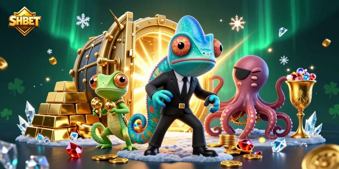 Engage with SHBET's vibrant 3D casino scene featuring a secret agent chameleon, gecko, and octopus amidst treasure.
