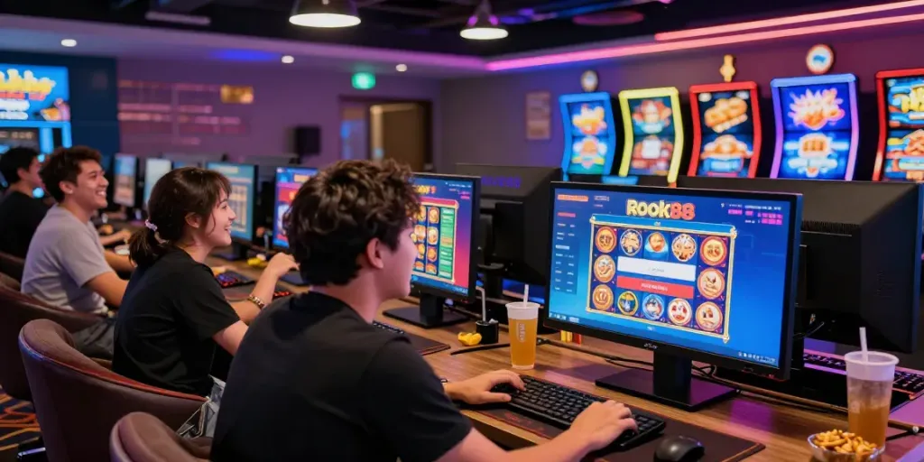 Engaging gaming scene showcasing rokok88 slot login with friends in an online casino environment