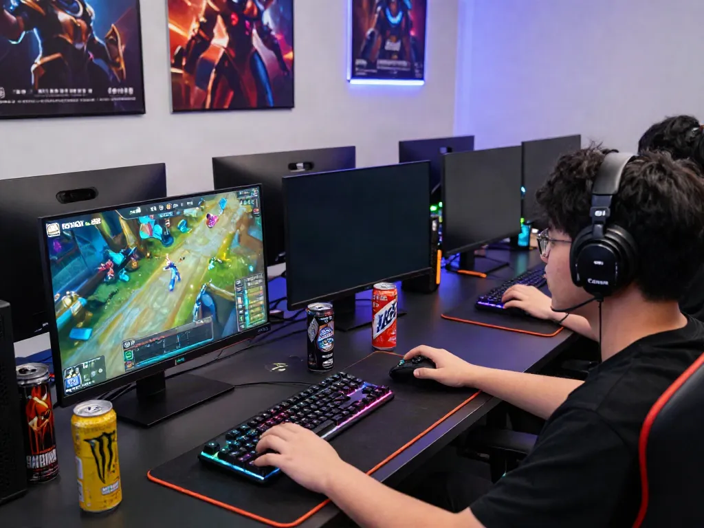 Engaging scene of a player immersed in ROKOK88 online gaming using rokok88 link, surrounded by vibrant gaming gear.
