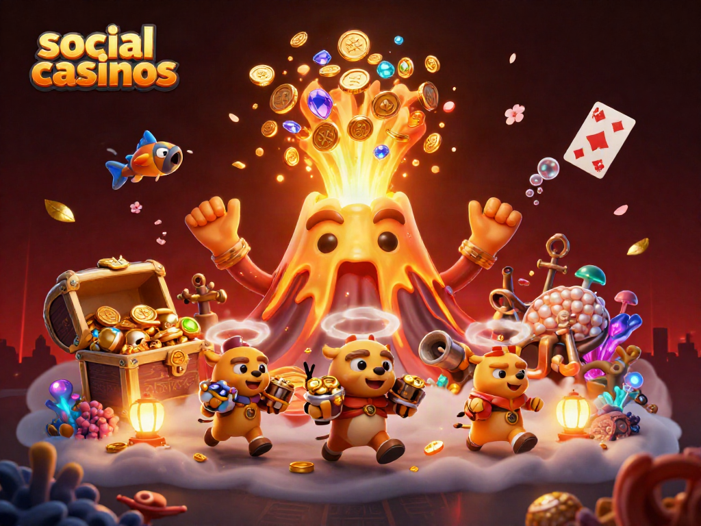 Explore social casinos with vibrant treasure scenes and dynamic gaming elements.