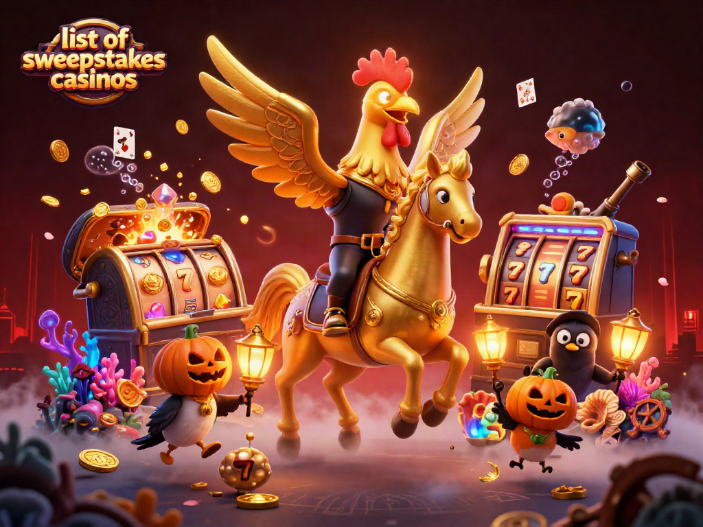 Engage with the list of sweepstakes casinos, featuring a golden rooster in a vibrant casino scene.