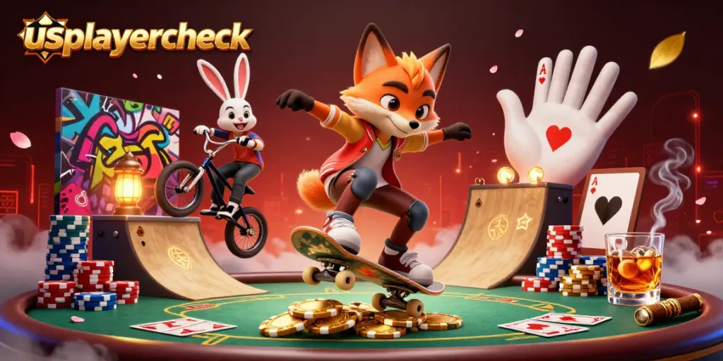 Usplayercheck reveals a vibrant 3D scene with a skateboarder fox and BMX rabbit showcasing casino excitement.