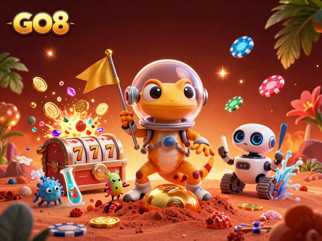 Engage in the GO8 casino with a 3D Martian gecko uncovering treasures in a vibrant cosmic setting.