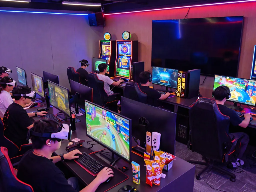 Players enjoying rokok88 slot in a lively gaming lounge with vibrant atmosphere.