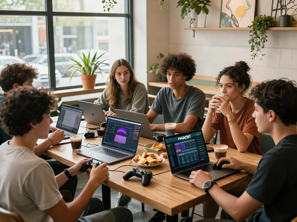 Group discussing rokok88 rtp gaming strategies in a cozy café setting.