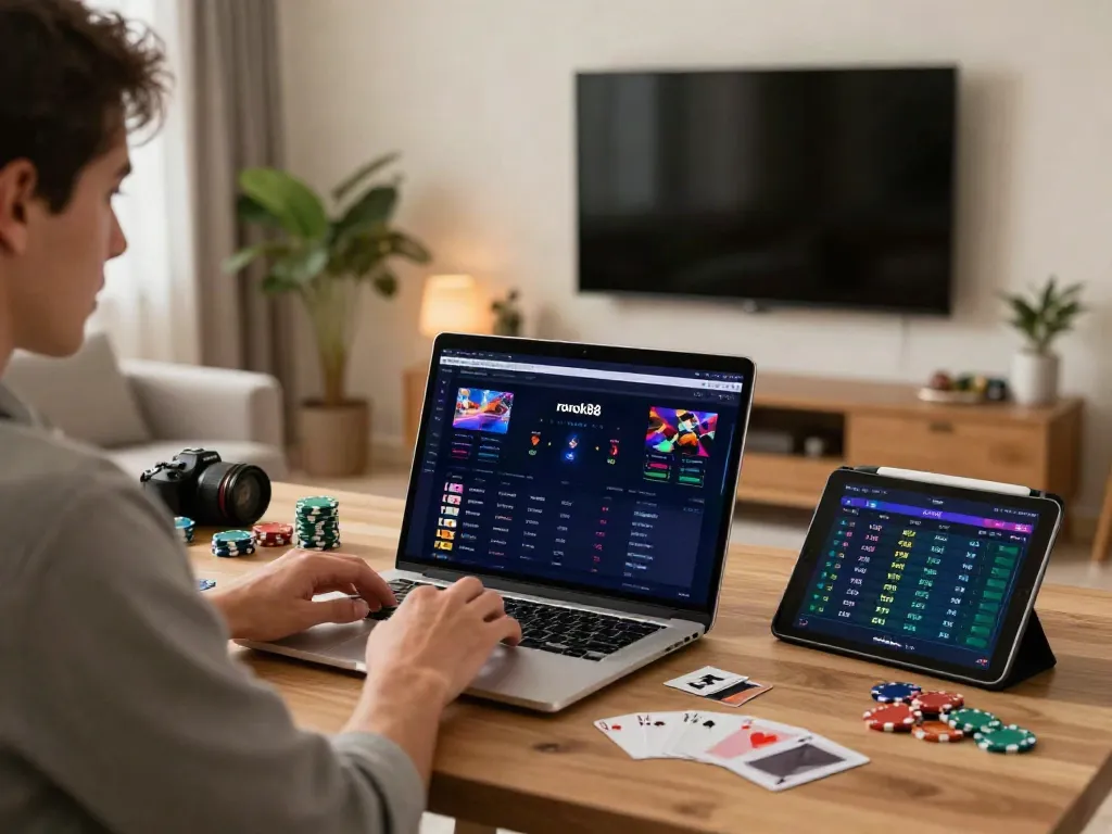 Engaged user interacting with rokok88 link in a modern home setting, showcasing a laptop, poker chips, and vibrant gaming accessories.