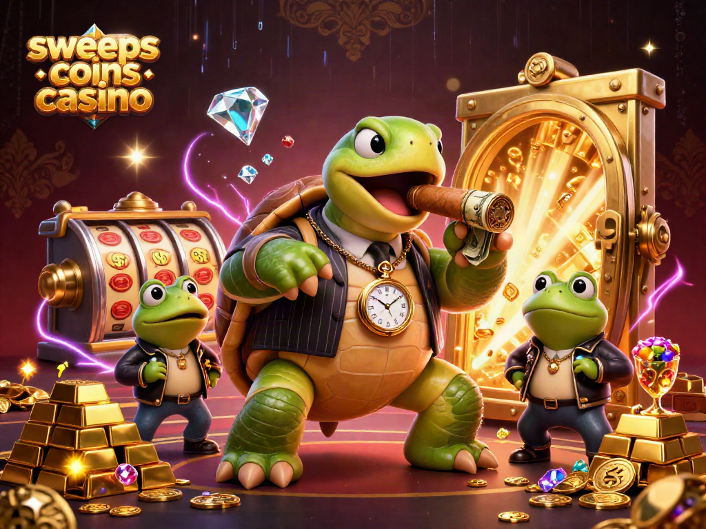 Engage with the sweeps coins casino experience featuring a massive turtle in a mobster suit amidst riches.
