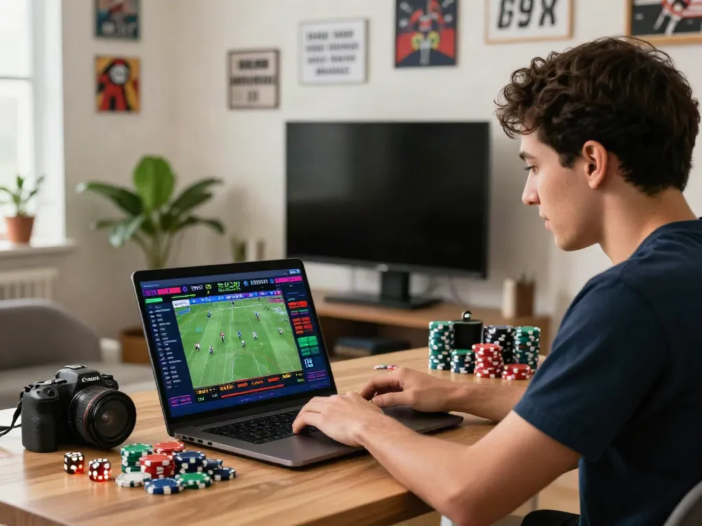 Exciting online betting experience with vin88, featuring a confident player on a sleek laptop surrounded by gaming items.