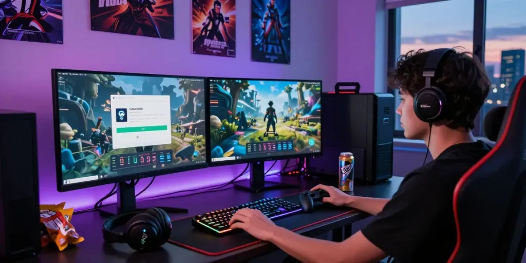 Engaged gamer logging into rokok88 link login on dual monitors with vibrant gaming setup.