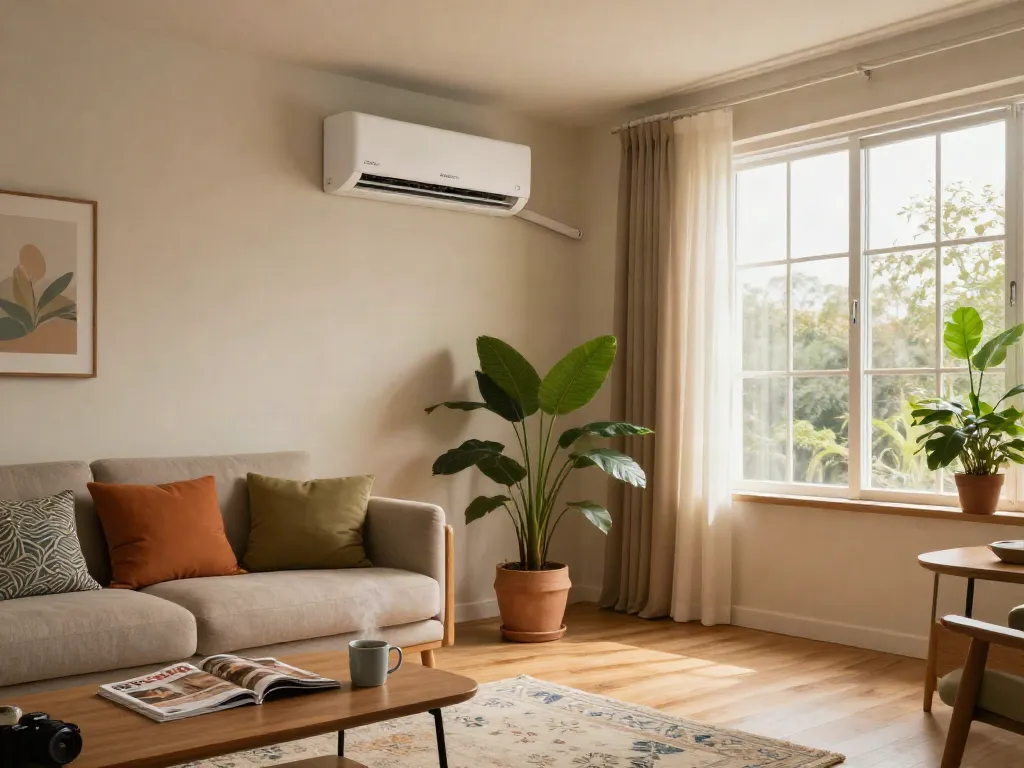 Stylish living room featuring a 24000 btu mini split air conditioner, cozy decor, and natural light.