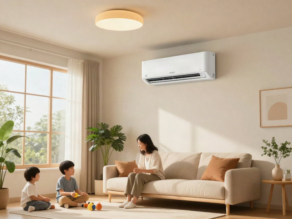 24000 BTU mini split air conditioner in a cozy living room with family enjoying time together.
