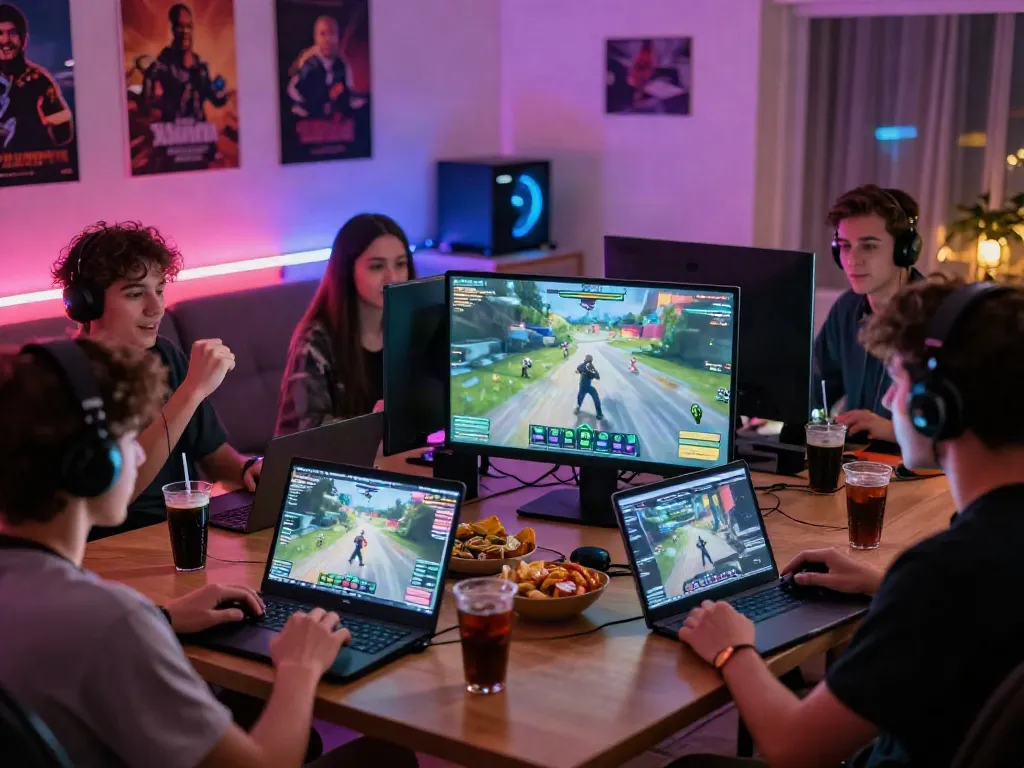 This lively gaming scene at https://rokok88link.org showcases friends enjoying multiplayer online gaming in a cozy living room.