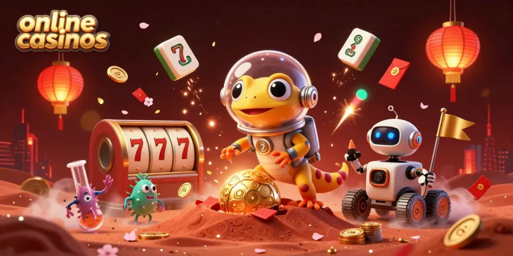 Experience the thrill of online casinos with a Martian gecko discovering a golden casino in a dynamic 3D illustration.