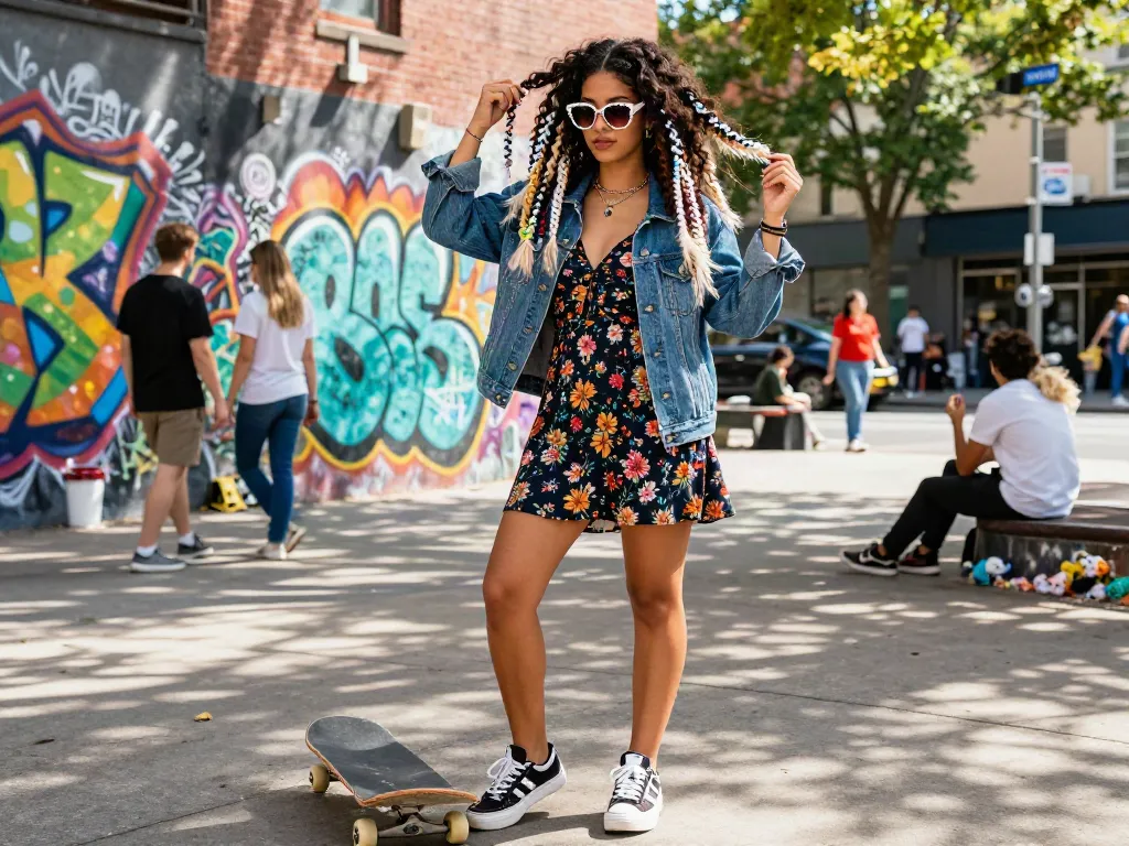Fashionable woman showcasing feather crochet hair extensions in urban setting