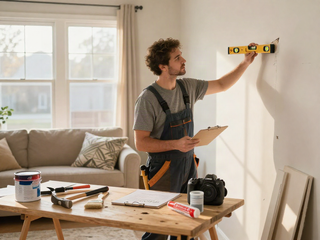 Home repair services Des Moines Iowa, skilled contractor inspecting wall, tools laid out, warm sunlight creating inviting atmosphere.